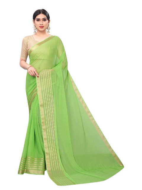 

PERFECTBLUE Green & Gold-Toned Zari Striped Saree