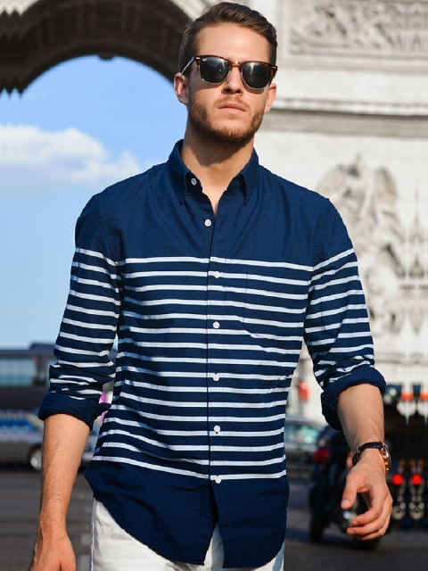 

Zombom Men Navy Blue Horizontal Stripes Striped Casual Shirt