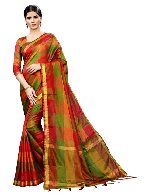 

PERFECTBLUE Red & Green Checked Cotton Blend Zari Saree
