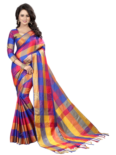 

PERFECTBLUE Blue & Pink Checked Zari Saree