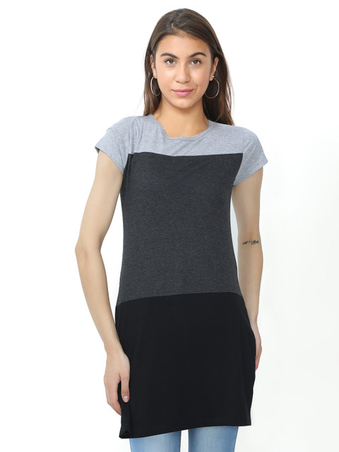 

Fleximaa Black & Grey Colourblocked Pure Cotton Longline Top