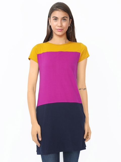 

Fleximaa Mustard Yellow & Magenta Colourblocked Pure Cotton Longline Top