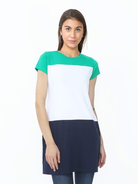 

Fleximaa White & Green Colourblocked Pure Cotton Longline Top