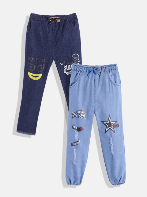 

MANZON Girls Pack of 2 Blue Slim Fit Applique Stretchable Cotton Jeans