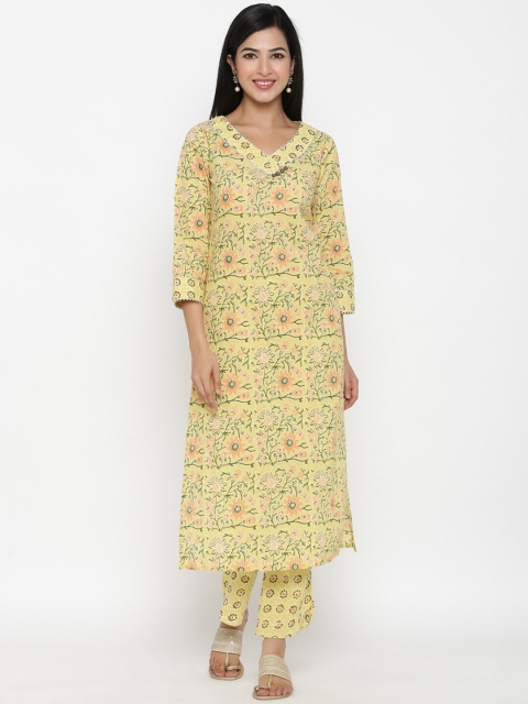 

PINKVILLE JAIPUR Women Yellow Ethnic Motifs Yoke Design Pure Cotton Kurti with Trousers & With Dupatta