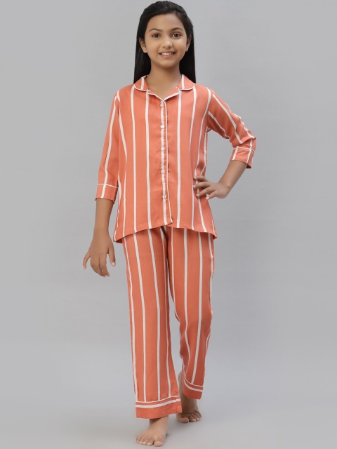 

NISHAB Girls Coral & White Striped Night suit