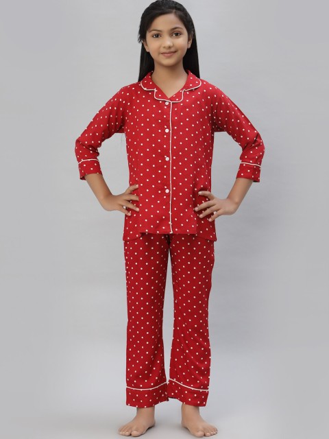 

NISHAB Girls Red & White Printed Night suit