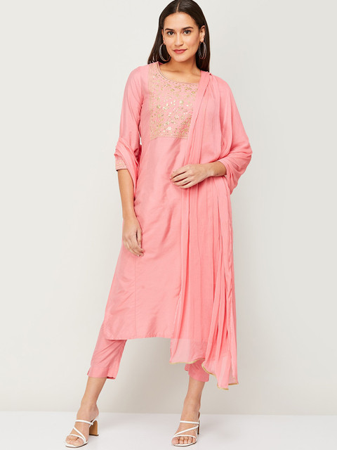 

Melange by Lifestyle Women Pink Ethnic Motifs Embroidered Kurta with Trousers & With Dupatta