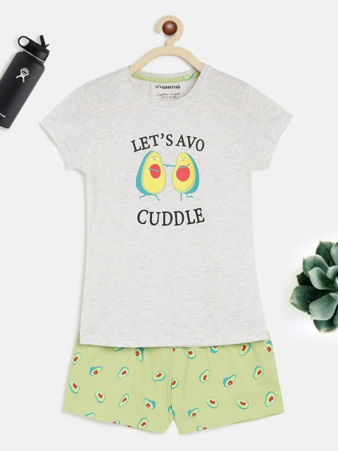 

Lil Tomatoes Girls Green & Grey Melange Printed Shorts Night suit