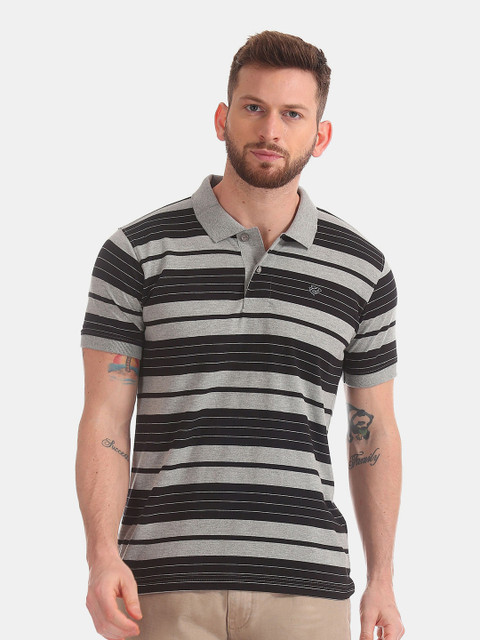 

Ruggers Men Grey Striped Polo Collar T-shirt