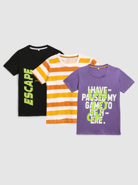 

KIDSCRAFT Boys Pack of 3 Printed Cotton Running T-shirts, Purple
