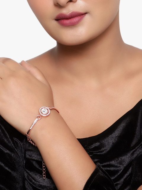 

KACY Women Rose Gold-Plated White Rhinestone Studded Charm Bracelet