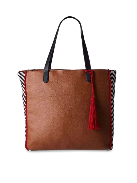 

Kanvas Katha Brown PU Structured Tote Bag with Tasselled