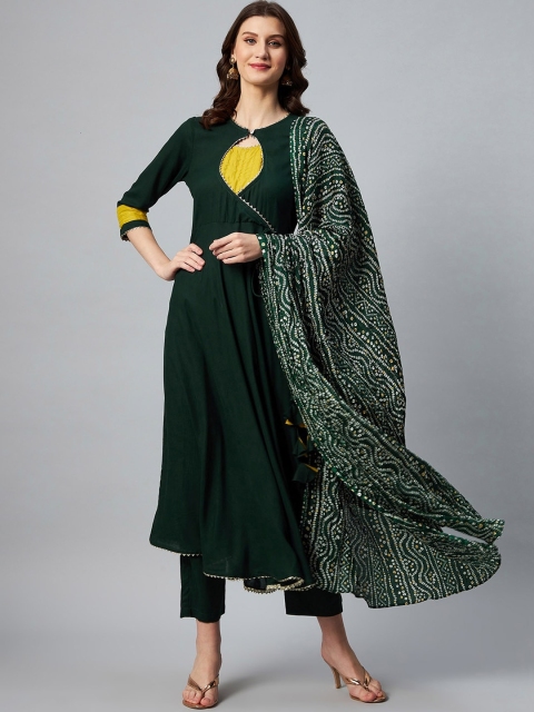 

InWeave Women Green Pleated Kurti with Trousers & With Dupatta