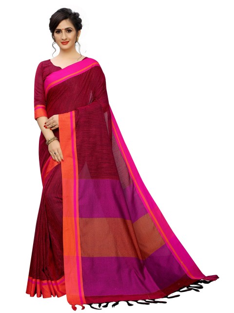 

PERFECTBLUE Brown & Fuchsia Cotton Linen Blend Saree