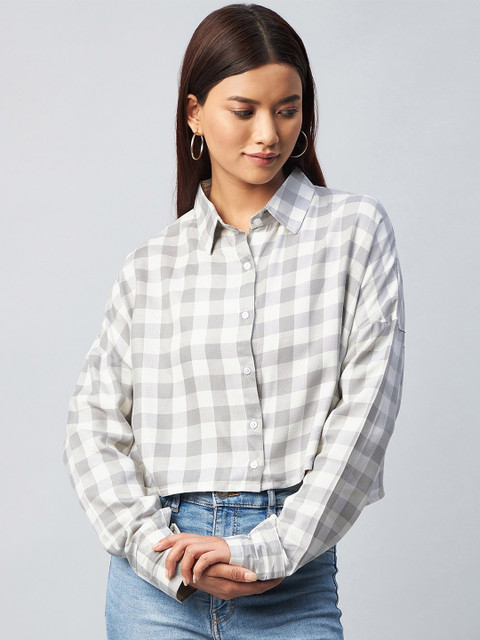 

CHIMPAAANZEE Women Grey & White Relaxed Boxy Buffalo Checked Casual Shirt
