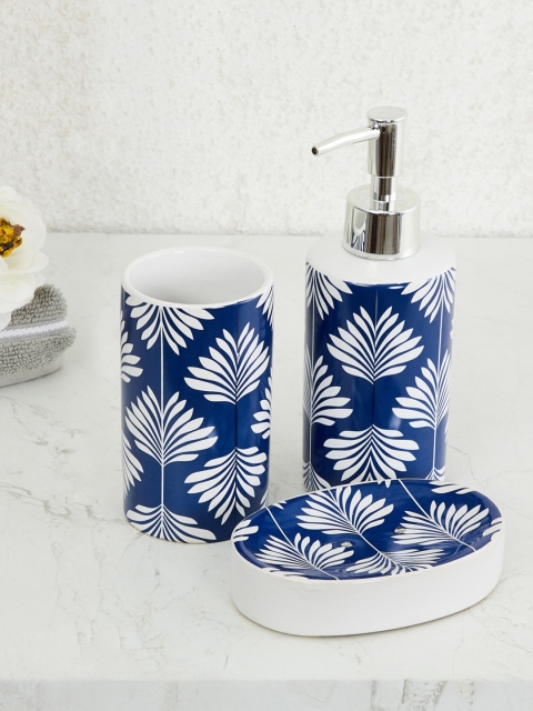 

Home Centre Set Of 3 Blue Printed Bathroom Accessory Set