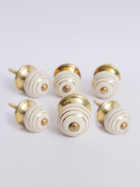 

Home Set of 6 Centre Cream Coloured & Gold Toned Striped Ceramic Drawer Knob