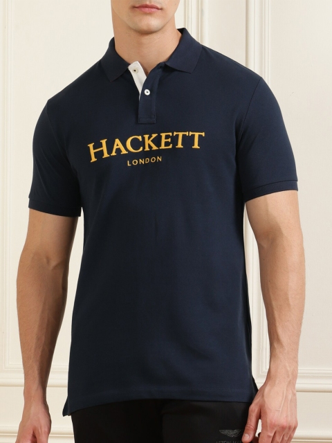 

HACKETT LONDON Men Navy Blue Typography Polo Collar Applique T-shirt