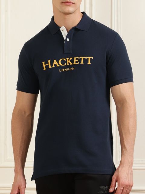 

HACKETT LONDON Men Navy Blue Typography Polo Collar Applique T-shirt