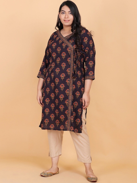 

LastInch Women Black Floral Printed Angrakha Kurta