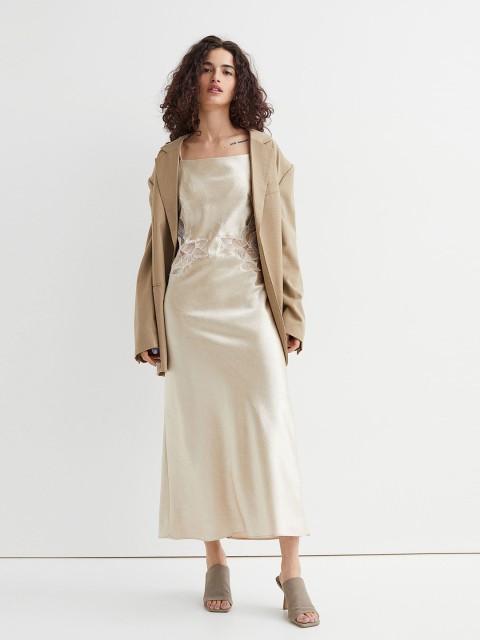 

H&M Women Beige Lace-Detail Slip Dress