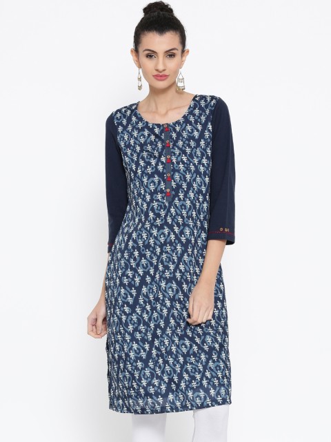 

Rangriti Women Blue & Off-White Printed Straight Kurta