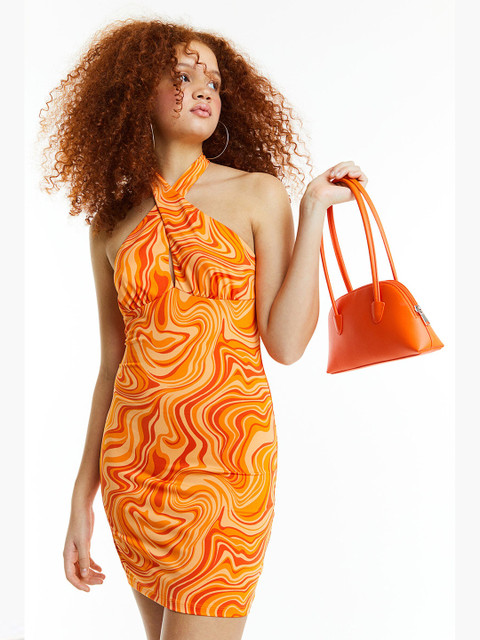 

H&M Women Orange Ribbed Halter Neck Dress