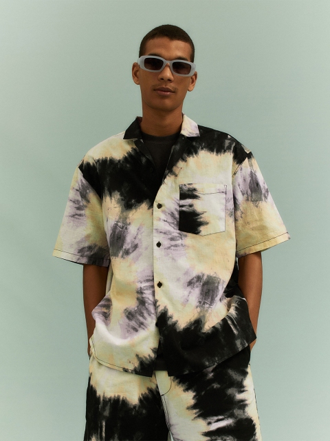 

H&M Men Purple & Yellow Relaxed Fit Linen-Blend Resort Shirt