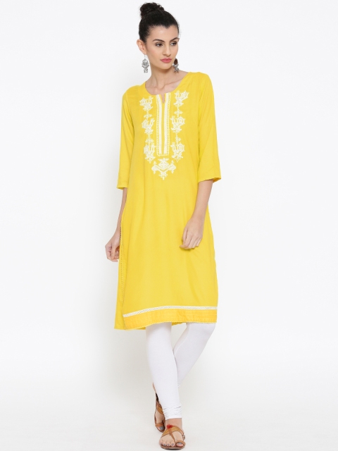 

Rangriti Women Yellow Embroidered Straight Kurta