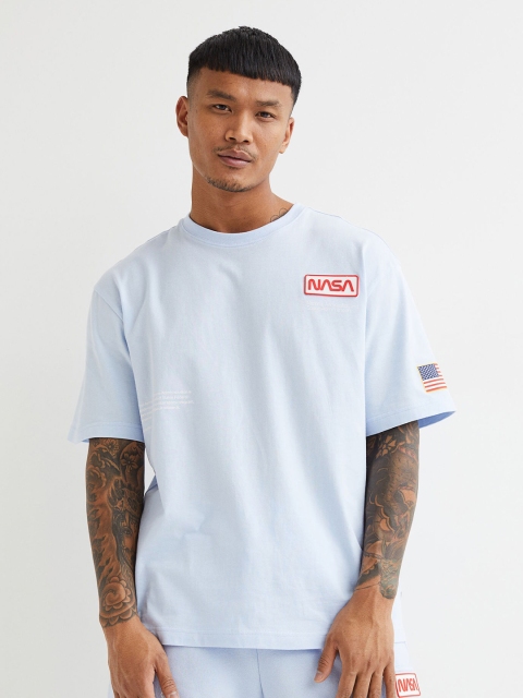 

H&M Men Blue Solid Round Neck Cotton Relaxed Fit T-shirt