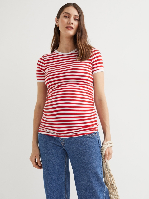 

H&M Women Red & White Striped MAMA Cotton T-shirt