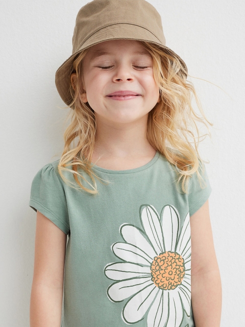 

H&M Girls Green Printed Puff-Sleeved Pure Cotton Jersey Top