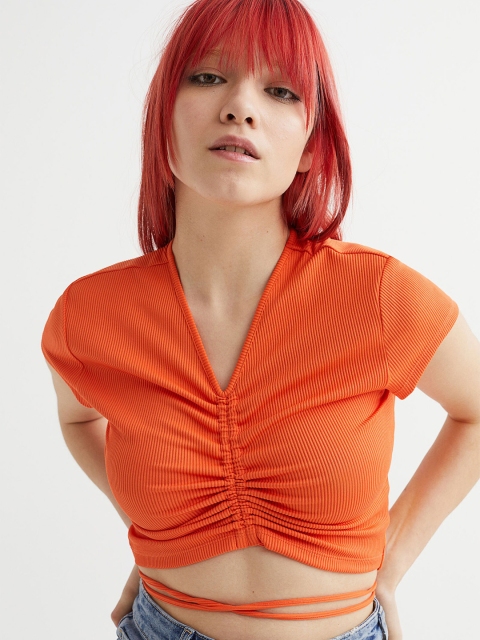 

H&M Women Orange Solid V-neck Cropped Tie-Detail Top