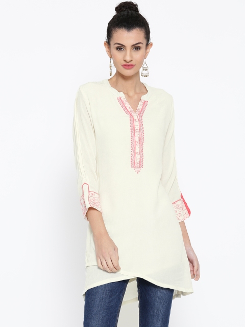 

Rangriti Women Off-White & Pink Yoke Design Straight Kurta
