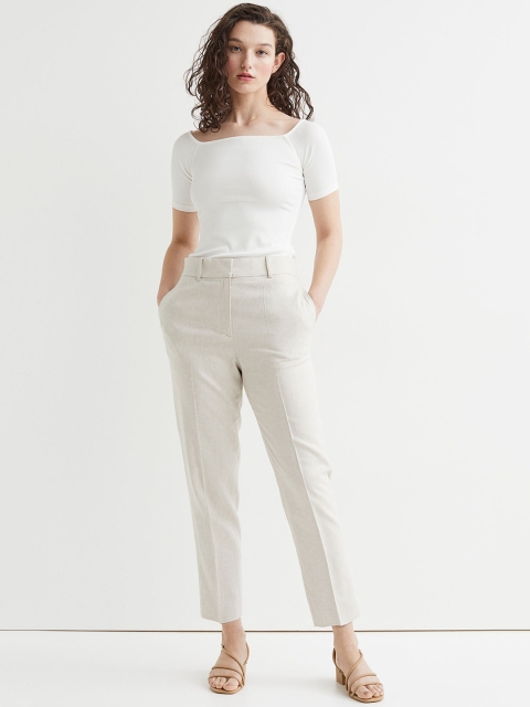 

H&M Women Beige Solid Tailored Linen-Blend Trousers