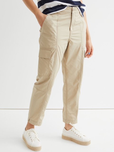 

H&M Women Beige Cotton Cargo Trousers