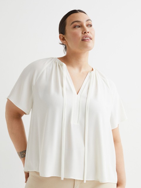 

H&M Women White Short-sleeved Tie-detail Plus Size Blouse