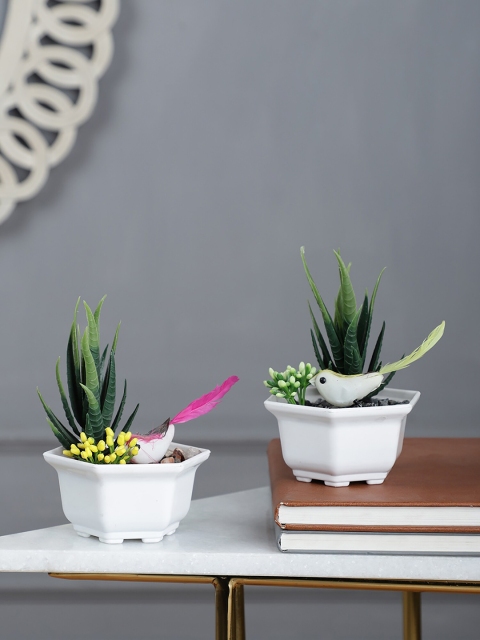 

FOLIYAJ Set of 2 Green & White Cactus with Bird