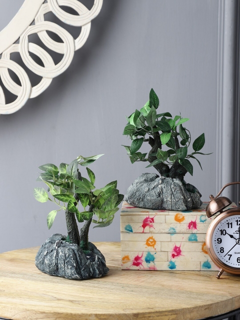 

FOLIYAJ Set Of 2 Green & Grey Stone Base Bonsai Trees