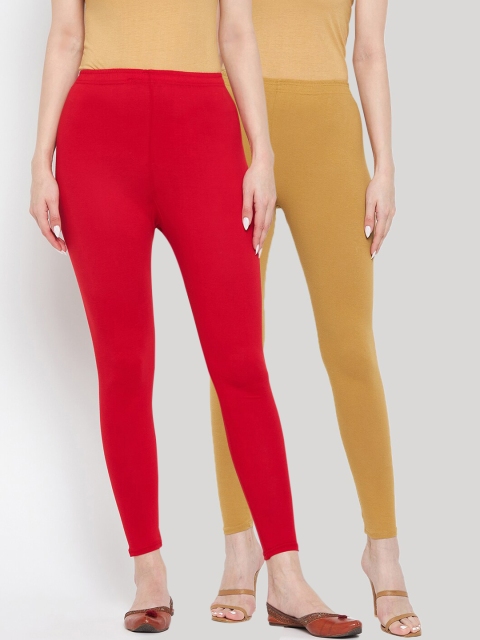 

Clora Creation Pack Of 2 Red & Fawn Cotton Solid Ankle-Length Leggings, Multi