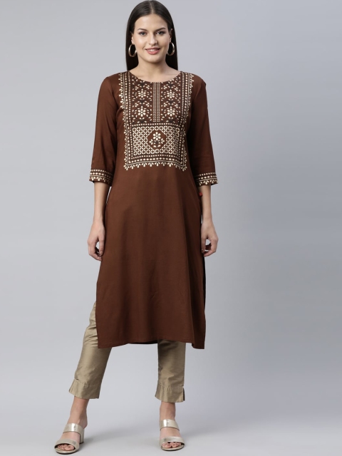 

Marcia Women Brown Ethnic Motifs Yoke Design Keyhole Neck Kurta