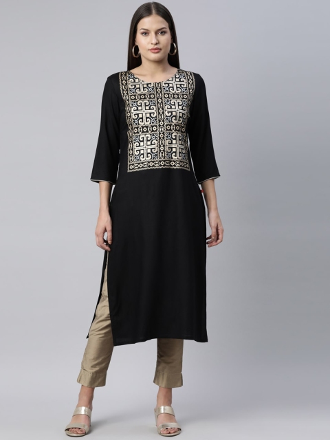 

Marcia Women Black & Gold-Toned Geometric Straight Kurta