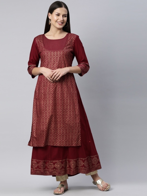 

Marcia Women Maroon Ethnic Motifs A-Line Printed Rayon Anarkali Layered Kurta