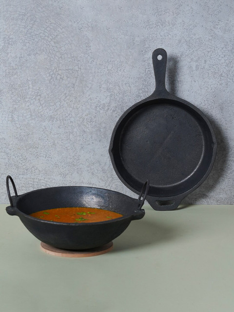 

The Indus Valley Set Of 2 Black Cast Iron Cookware Skillet Fry Pan (38.5 cm) Kadai (1.2L)