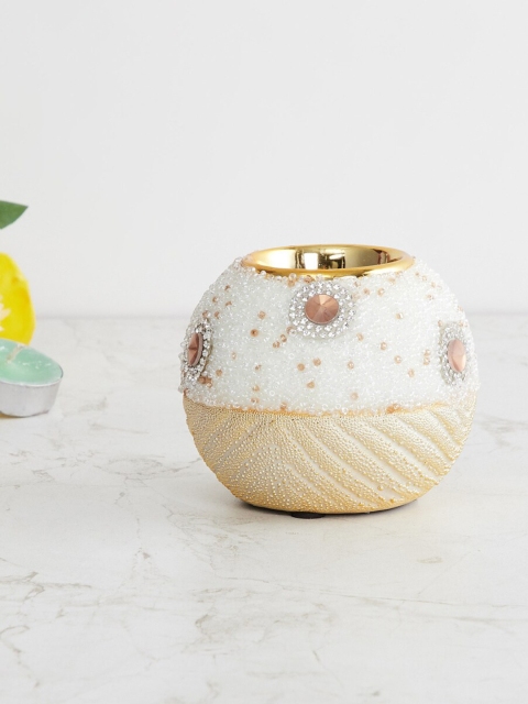 

Home Centre White & Cream-Coloured Embellished Ceramic Candle Holder