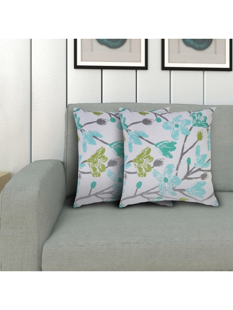 

Home Centre Set Of 2 White & Turquoise Blue Printed Cotton Cushions