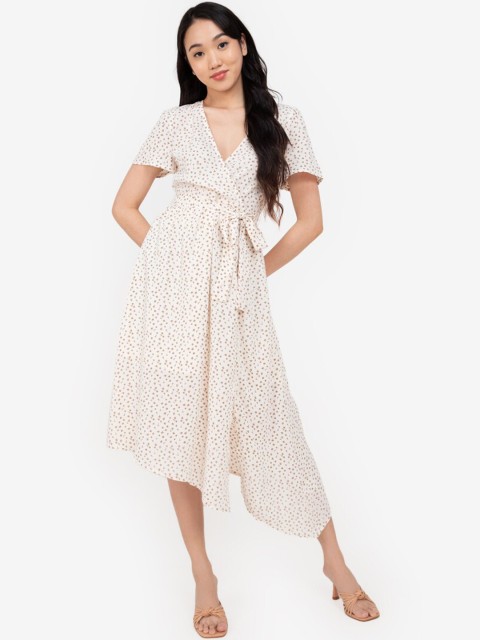 

ZALORA BASICS Women Cream-Coloured Printed Wrap Dress