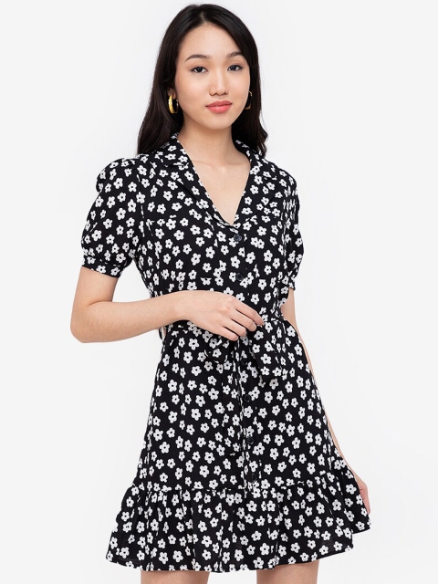 

ZALORA BASICS Women Black & White Floral Drop-Waist Mini Dress