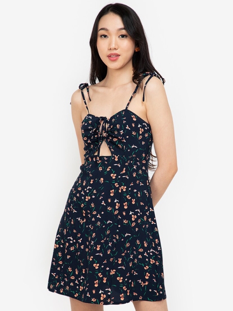 

ZALORA BASICS Women Navy Blue & Peach-Coloured Floral A-Line Mini Dress
